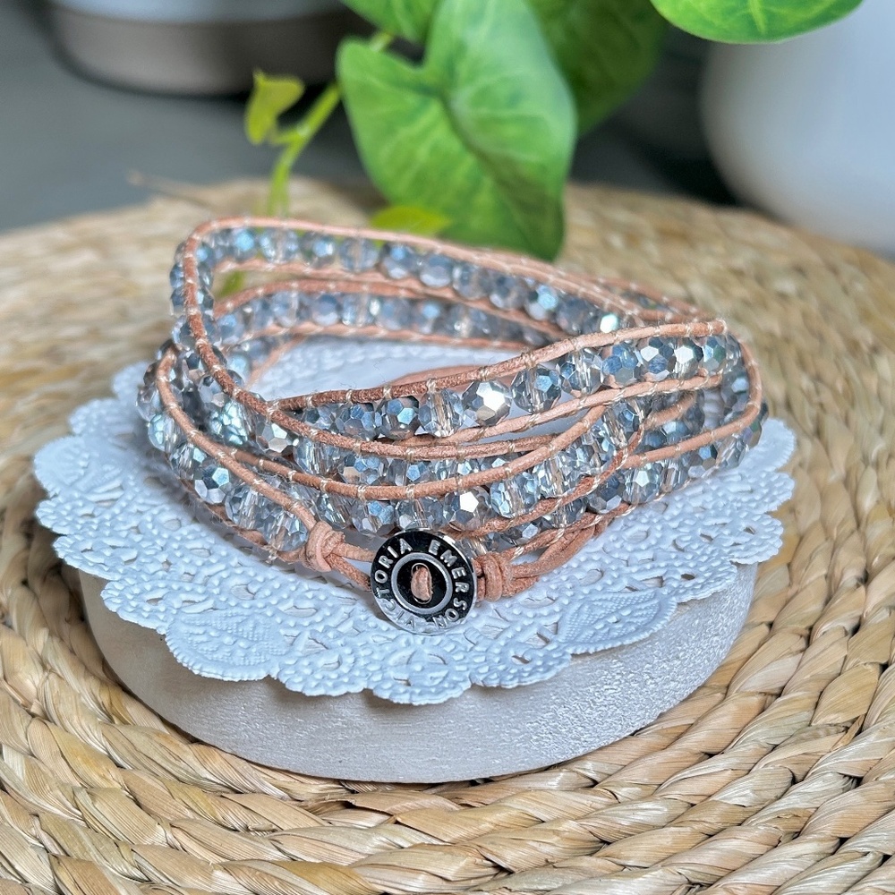 VICTORIA EMERSON’S Neutral Tan Leather and smoky AB crystal wrap bracelet